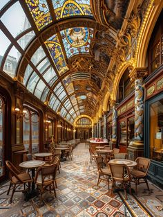 the inside of a building with many tables and chairs in front of glass ceilinging