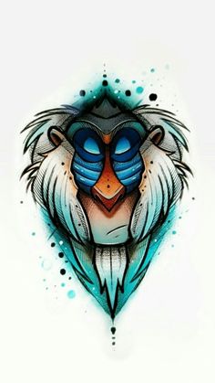 an artistic drawing of a lion's head with blue eyes and feathers on it