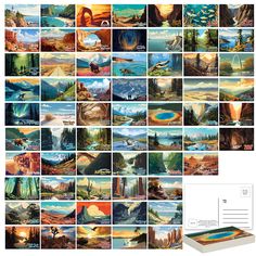 a collage of pictures with mountains and trees in them, all showing different colors