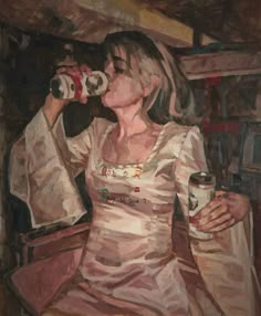 a painting of a woman drinking from a can