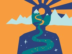 an image of a person with mountains in the background and stars on their head, as if they were looking at something