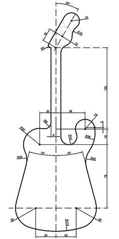 a drawing of an electric guitar with measurements for the body and neck, as well as parts