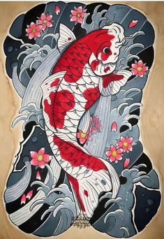 a drawing of a koi fish with flowers on it's body and water