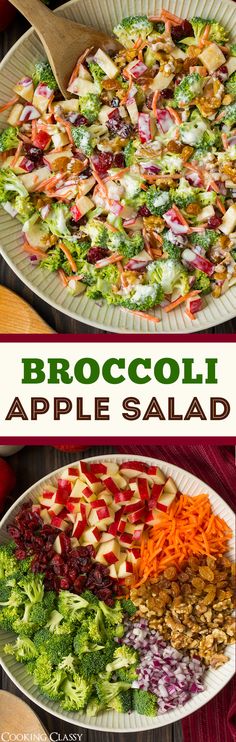 broccoli and apple salad is shown in two separate pans with the same topping