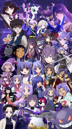 an anime poster with many different characters and their names in purples, red, blue,