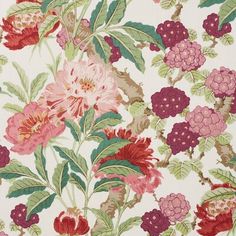 a floral wallpaper pattern with pink, red and green flowers on white background in full bloom