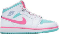 the nike air jordan 1 mid is white with pink, blue and green accents on the upper