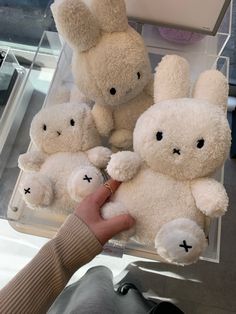 a person is holding several stuffed animals in their hands and they look like bunnies