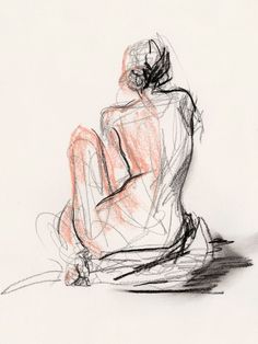 a drawing of a woman sitting on the ground with her back turned to the camera