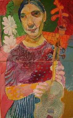 a painting of a woman holding a guitar