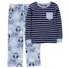 Carter’s Boys Video Games Striped Shirt And Fleece Pants Pajamas Dark Blue And Light Blue Striped Long Sleeve Shirt With Light Blue Trim On Collar, Chest Pocket, And Cuffs, Matching Light Blue Fleece Pants Featuring All Over Video Game Controllers And Headphones Print In Dark Blue And White New With Tags Carter’s Sizes Available: 5, 6, 7, 8, 10, 14 Colors: Light Blue, Dark Blue, White Top: 100% Cotton Pants: 100% Polyester New To Poshmark? Use Code Rvalm When You Sign Up And Get $10 Off Your Fir Fleece Pjs, Carters Size Chart, Cotton Pjs, Carter Kids, Fun Patterns, Footie Pajama, Carters Girl, Boys Fleece, Soft Pajamas