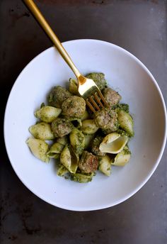 Mini Meatballs with Pesto Pasta Shells Basil Bread, Mini Meatballs, Pasta Shells, Stuffed Pasta Shells, Pesto Pasta, Ground Meat, Bite Size, Meatballs