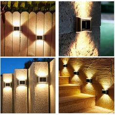 four different images of outdoor lighting on the side of a building and in front of some steps