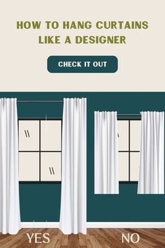 Visual graphic showing how to hang curtains like a designer How To Hang Curtains In Bedroom, Where To Hang Curtains On Windows, Hanging Fabric On Walls Curtain Rods, Curtains Living Room How To Hang, Long Vs Short Curtains, Hang Curtains Higher Than Window, Curtains At Ceiling Height, Proper Curtain Placement, Curtains On Angled Ceiling