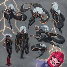 an image of some character designs for the animated movie black widow, with lightning in the background