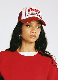 Graphic trucker hat Mesh back panels, snap back fastening 100% cotton Spot clean Trucker Hat Street Style, Red Trucker Hat Outfit, Snap Back Hats Outfit Women, Trucker Cap Outfit, Fall Clothing Outfits, Trucker Hat Designs, Austin Photoshoot, Merch Shoot, Aesthetic Hats