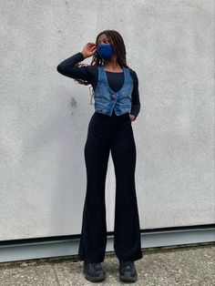 Black Flare Pants Summer Outfit, Cool Flare Pants, Non Jean Outfits Pants, Dress And Vest Outfit Fall, Knit Vest Winter Outfit, Jean Vest Dress Outfit, Styling Black Jean Jacket, Vest Outfits Denim, Denim Waist Coat Outfit