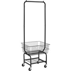 a metal basket on wheels with a handle