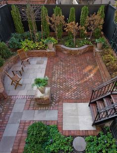 an aerial view of a patio and garden