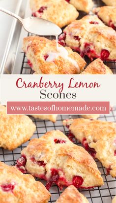 cranberry lemon scones on a cooling rack with a spoon in the foreground