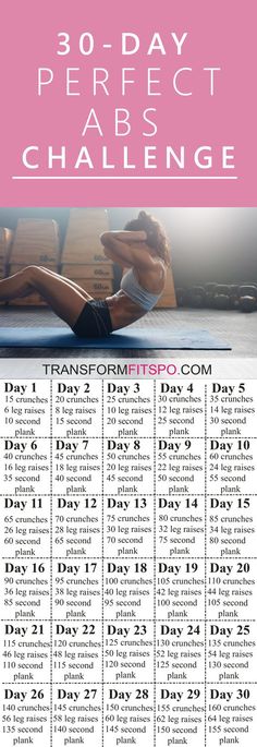 the 30 - day perfect abs challenge is shown in pink and white with an image of a