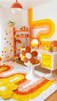 a child's room decorated in orange, yellow and white with an area rug