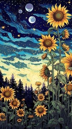 the sunflowers are blooming in the night sky