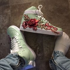 .10/10 Condition .Custom Mint Green Floral Patch -Customized (Fits True To Size) - Everyone Is In Love With This Design, But Not Everyone Can Get Their Hands On These. - Only 1 Pair In Existence. (Customs By Sponsored Artist @Keith.Ora) Mint Green, Bedazzled Shoes, Painted Sneakers, Floral Patches, Nike Green, Custom Creations, Dr. Martens Boots, Only 1, Womens Shoes Sneakers