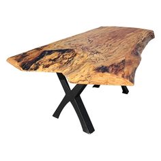 a wooden table sitting on top of a black metal stand with a wood slab in the middle