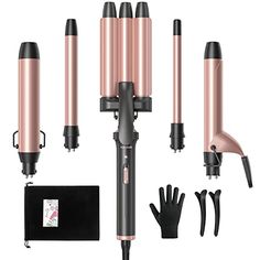 Wavytalk 5 in 1 Curling Iron Set with Three Barrel Curling Iron and 4 Interchangeable Ceramic Fast Heating Wand Curling Iron, Dual Voltage Hair Waver (Rose Gold) Three Barrel Curls, Three Barrel Curling Iron, Argan Oil Hair Mask, Medium Curls, Barrel Curls