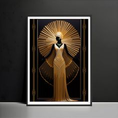 an art deco poster with a woman in gold