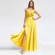 Satin Long Dress Yellow | Angelika Jozefczyk | Wolf & Badger Satin Long Dress, Olive Wedding, Tailored Clothes, Satin Dress Long, Brand Magazine, Dress Yellow, Dress Satin, Blazer With Jeans, Evening Dresses Long