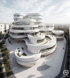 an architectural rendering of a circular building with many windows and balconies on the top floor