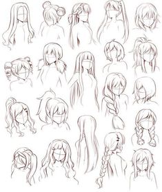 a woman standing next to a bunch of anime hair sketches on a white wall with her head