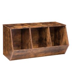 a wooden shelf with three compartments on each side