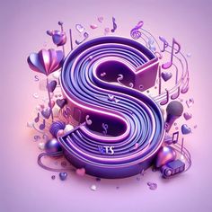 the letter s is surrounded by musical notes and balloons in purple, with hearts floating around it