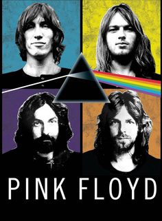 pink floyd poster with the band's famous faces in different colors and font on it