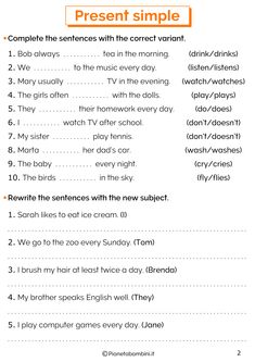 an english worksheet with the words present simple in orange and white, on top of