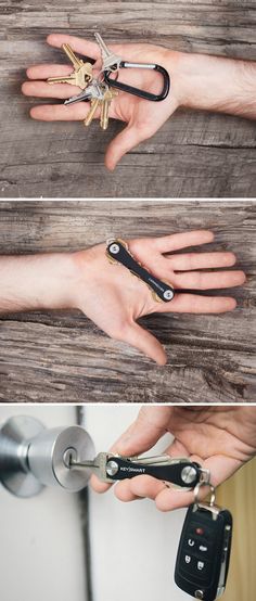 three pictures showing different types of keys being held by someone's hand