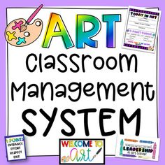 art classroom management system with posters and stickers on the front cover, in purple background