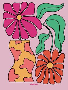 Digital illustration of two flowers on a vase. The flowers and vase are shaped in a certain way so they nearly fill up a whole rectangle. The vase’s sides are wavy and has cow print pattern in two shades of orange, one being brighter than the other. The flower on top is bright pink and the droopy one which has a green stem and leafs is orange. Background is light pink. Funky Digital Art, Funky Prints Art, Funky Flower Art, Funky Canvas Painting Ideas, Funky Flowers Drawing, Pop Art Flowers, Funky Flowers, How To Draw 70s Flowers, Trippy Flowers Drawing