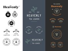 four different logos for tea leaves, with the words heavenly and heavely on them