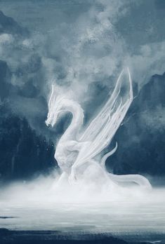 a white dragon sitting on top of a body of water