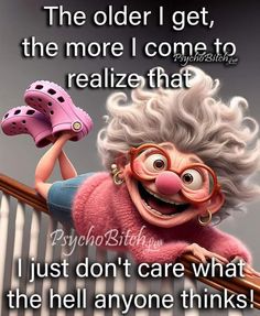 an old lady with glasses and pink shoes on top of a stair rail, holding a pair of pink clogs in her hand