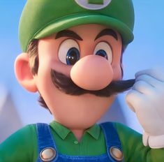 the mario bros character is wearing overalls and a green hat with a moustache on his face