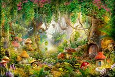 an image of a fantasy forest scene with mushrooms and other things in the woods,