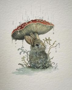 a watercolor painting of a rabbit under a mushroom with raindrops on it