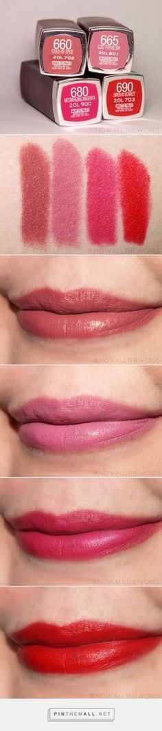 Maybelline Colour Sensational Creamy Matte Lipstick in Touch of Spice, Lust for Blush, Mesmerizing Magenta, and Siren in Scarlet Maybelline Touch Of Spice, Maybelline Creamy Matte Lipstick, Matte Make Up, Mauve Lipstick, Maybelline Color Sensational, Matte Lipsticks