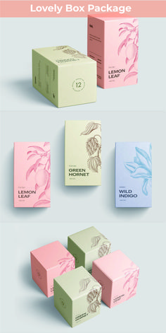 several boxes with different designs on them and the words lovely box package written in white