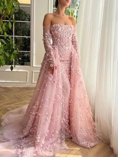 Pink Mermaid Gown, Teuta Matoshi, Pink Evening Gowns, Pink Evening Dress, Pink Gown, Amazing Dresses, Mermaid Evening Gown, Long Sleeve Prom, Floral Gown